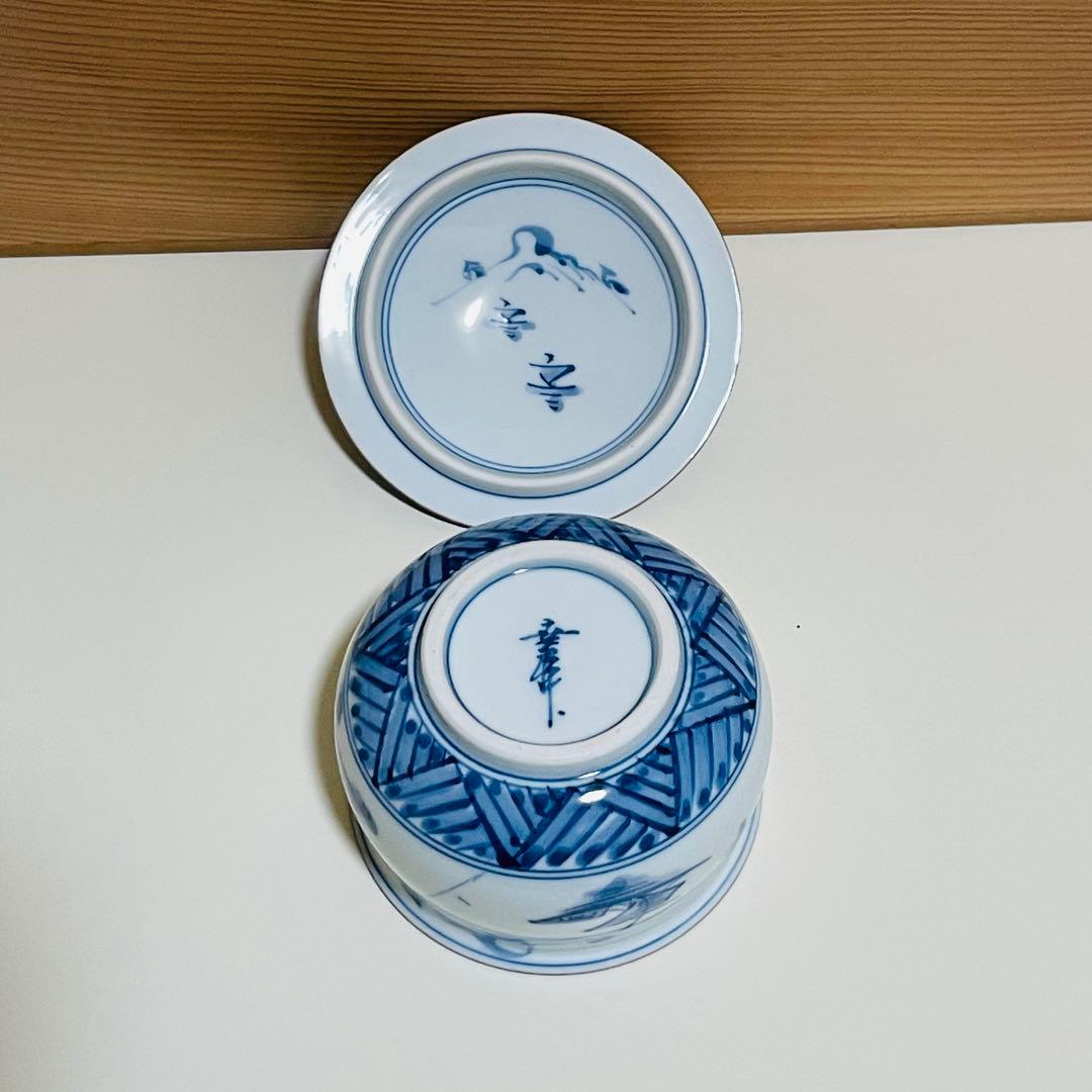 未使用】染付 地紋山水 蓋付湯呑 5客揃 木箱入り 作家銘「清秀