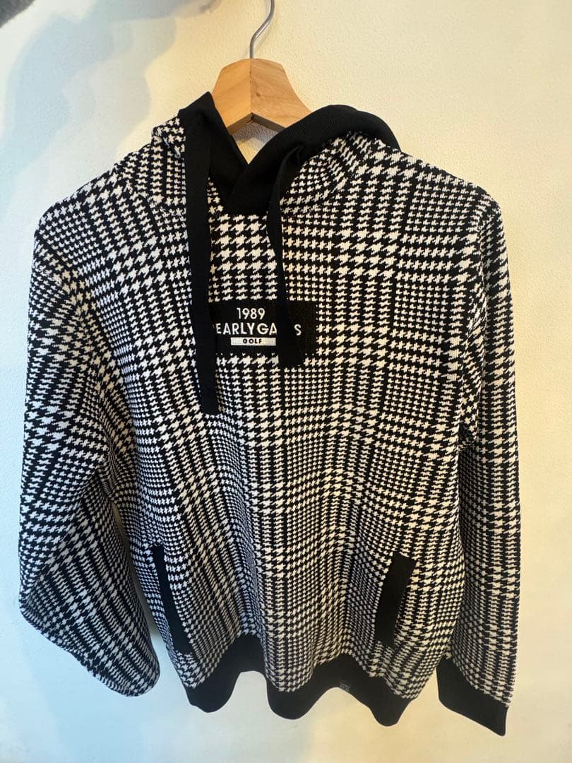 【美品】パーリーゲイツ　ニットパーカー　サイズ5 超美品】パーリーゲイツ ニットパーカー 杢グレー×白 袖2ライン