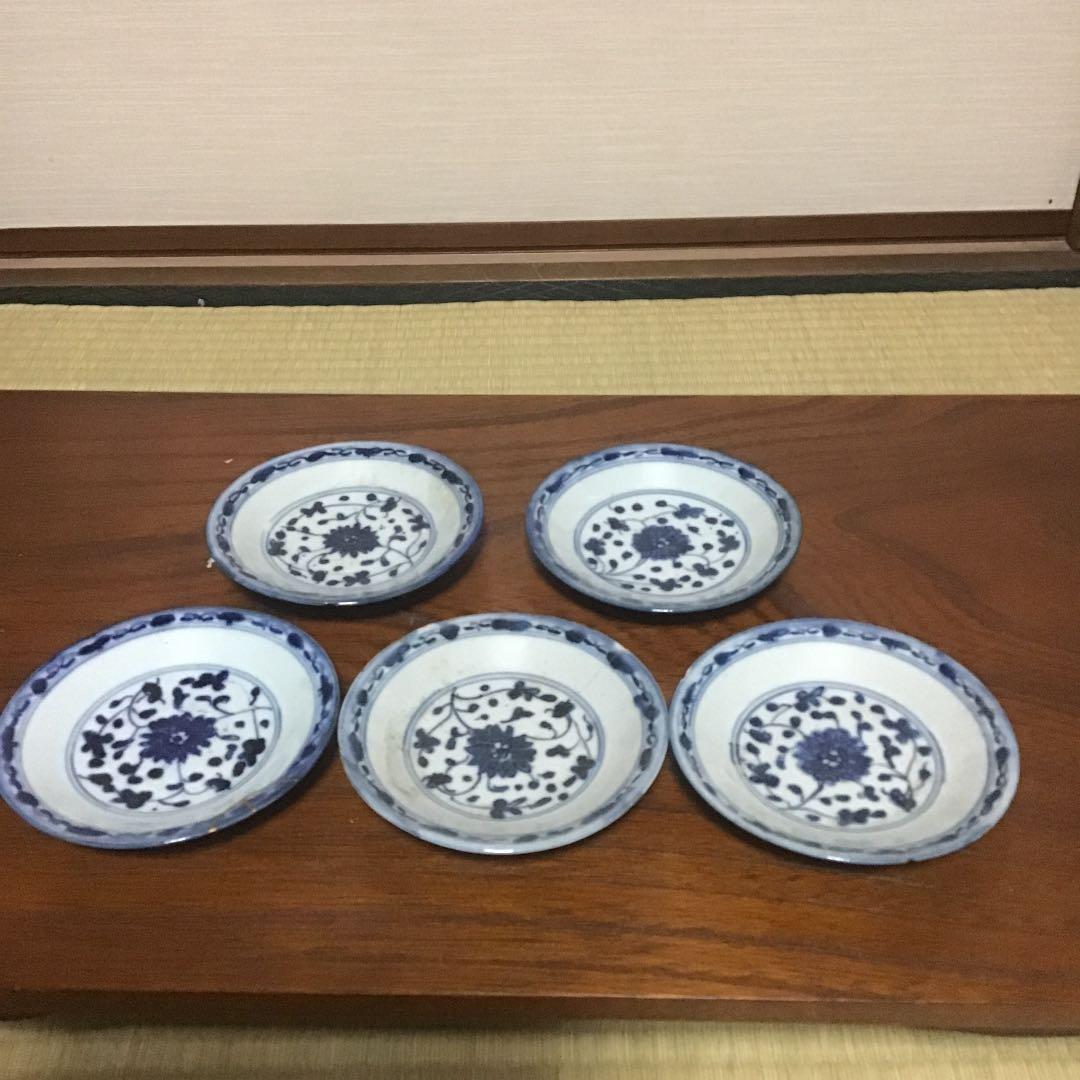 新渡染付花の図皿5客　清時代　唐物　中国美術 新渡染付花の図皿5客 清時代 唐物 中国美術 新渡染付花の図皿5客 清