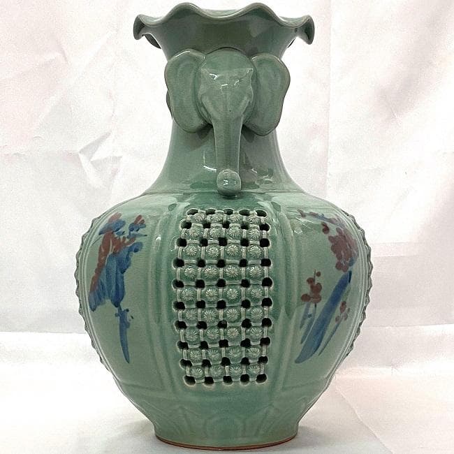 花器 高麗青磁 壺 海泉 透かし彫り 象耳飾り 中古 インテリア 骨董