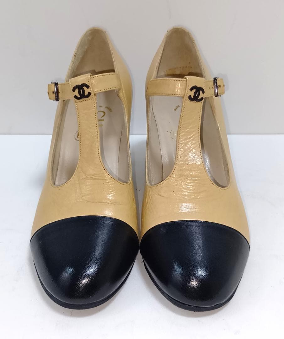 【リペア済】シャネル 23.5cm パンプス ココマーク バイカラー ストラップ