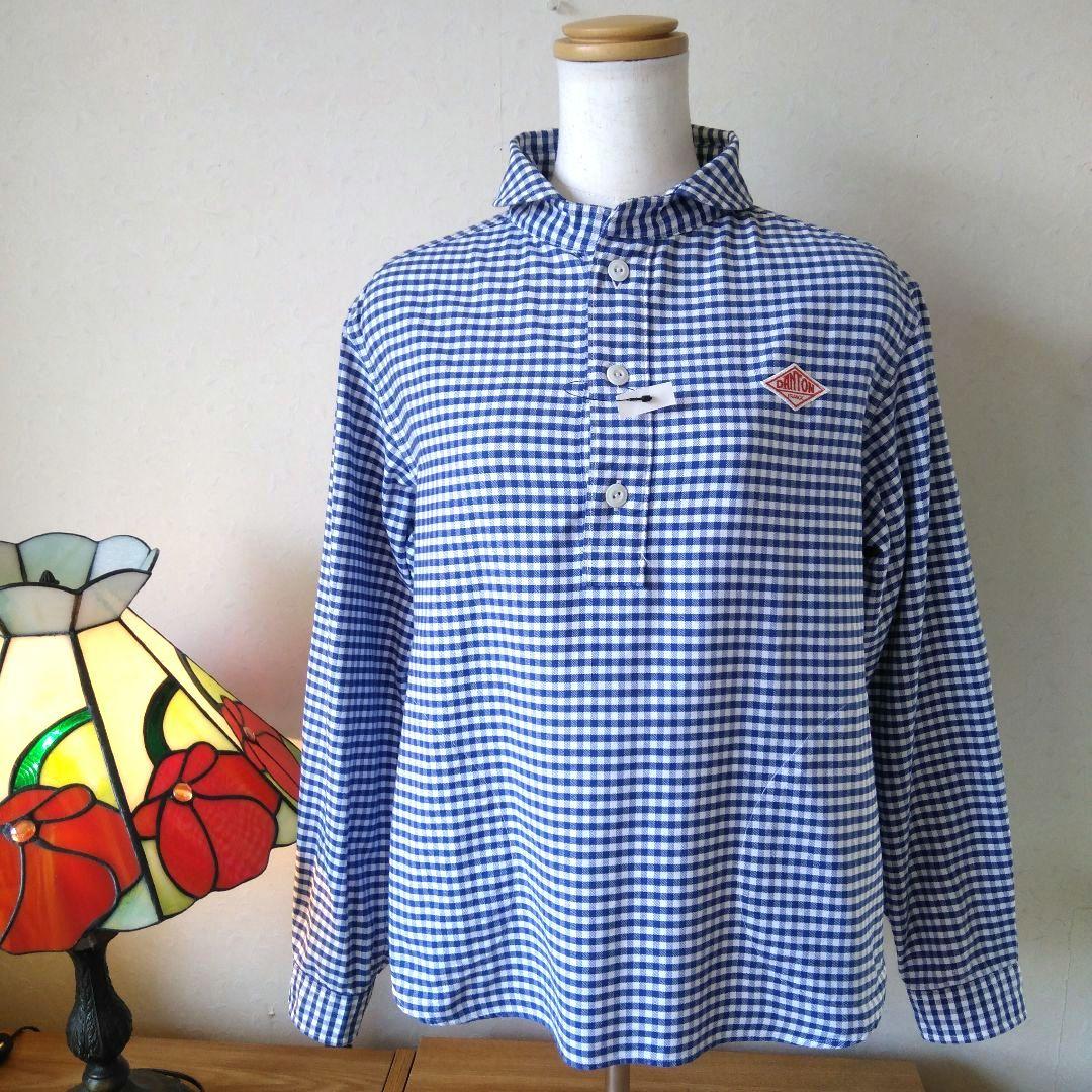 美品 DANTON ダントン 丸襟プルオーバーシャツ 青 ギンガムチェック 36