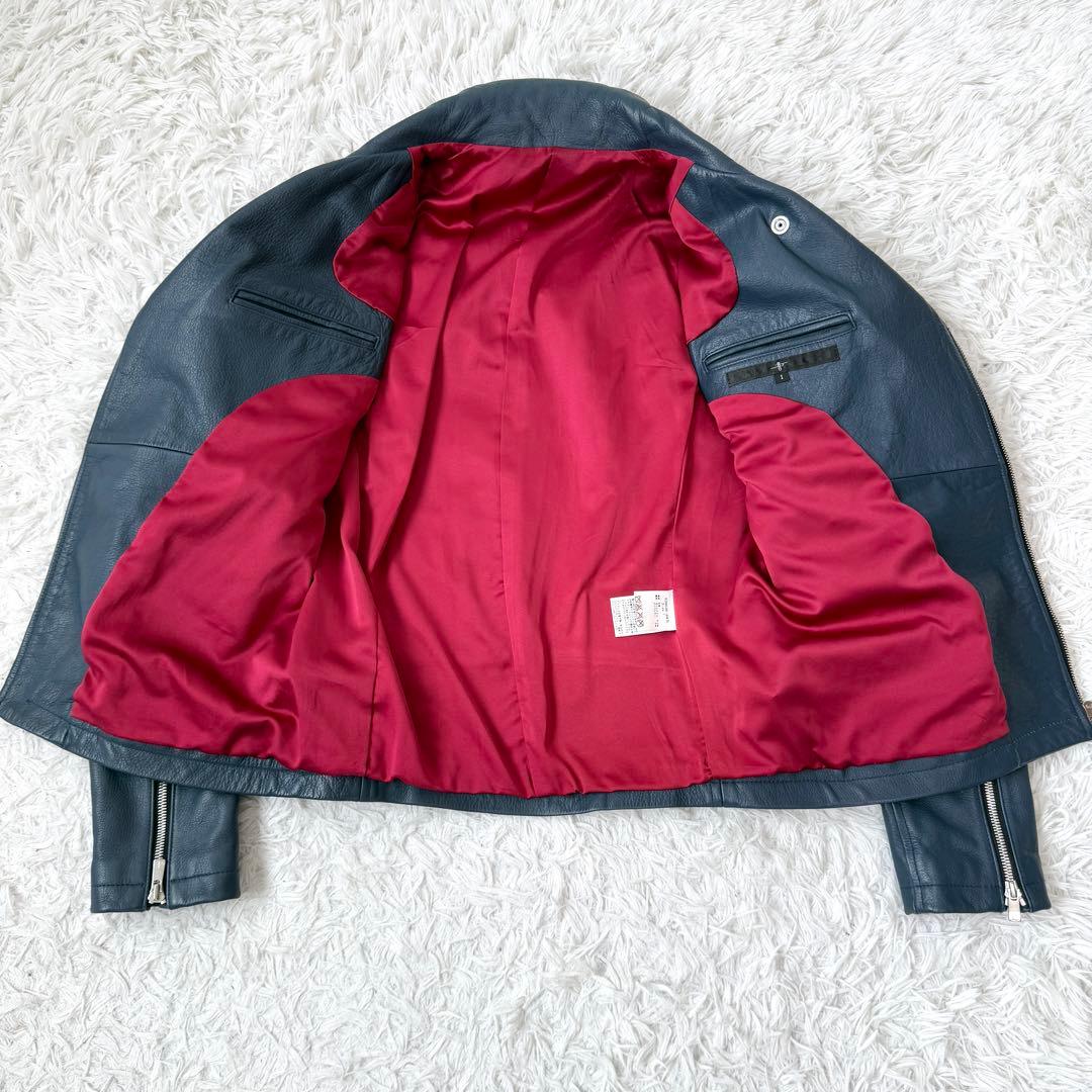 美品✨】NO ID. 牛革 ダブルライダースジャケット レザー ネイビー×赤