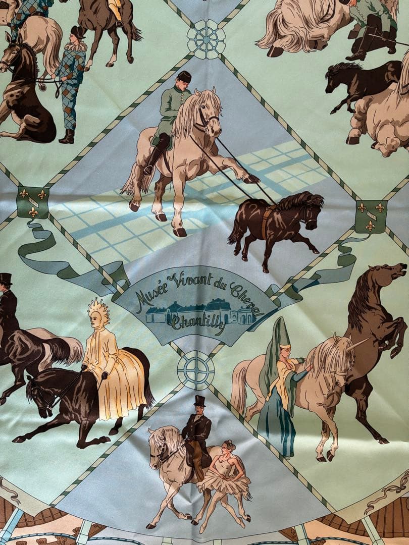 美品 エルメス カレ90 スカーフ シャンティ城馬の博物館 ライトブルー