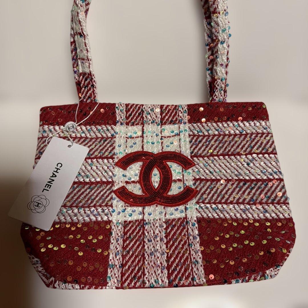 CHANEL】ツイードスパンコール トートバッグ レッド ノベルティ新品未