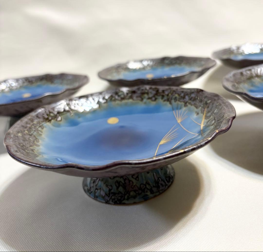 有田焼 堅窯 南蛮瑠璃 高台皿 5客 陶芸 南蛮ルリ 刺身皿 盛皿