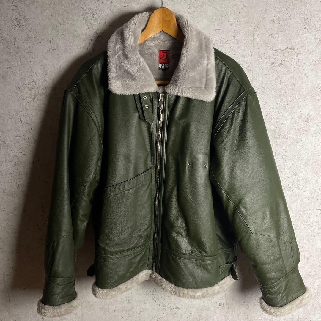 希少 ボスジャン BOSS レザージャケット B-3 豚革 本革 モスグリーン