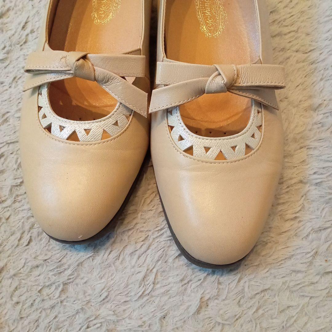 GINNZA yosinoya リボン付きベージュフラットパンプス 23.5cm