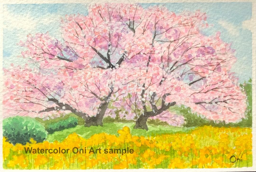 あん　透明水彩画　原画「狩宿の下馬桜」額縁付＋原画3点　はがきサイズ