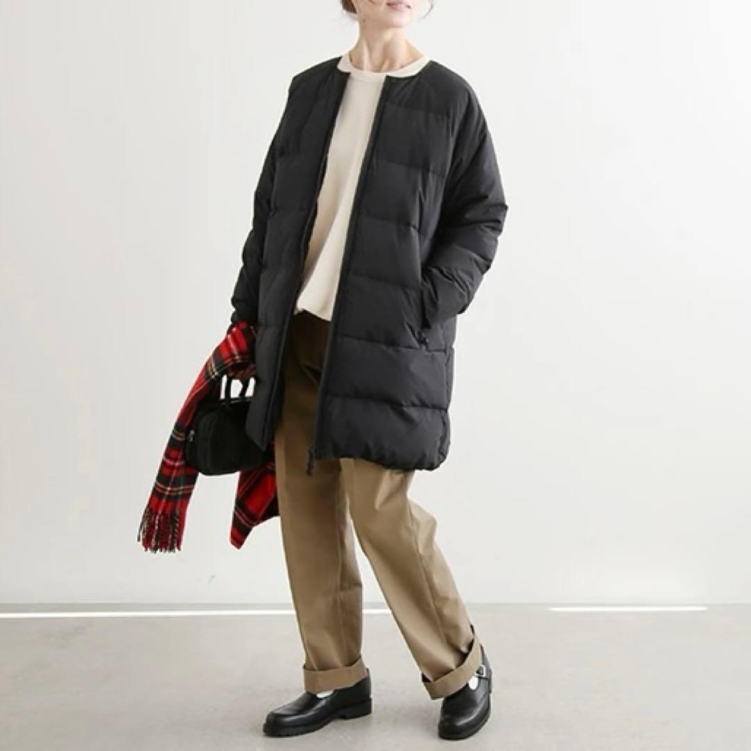 美品 ピレネックス アートニー 黒 ノーカラー ダウンコート 38