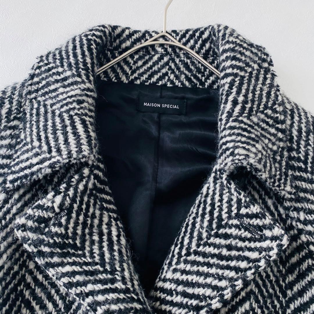 3128Aメゾンスペシャル ヘリンボーンステンカラーロングニットコート