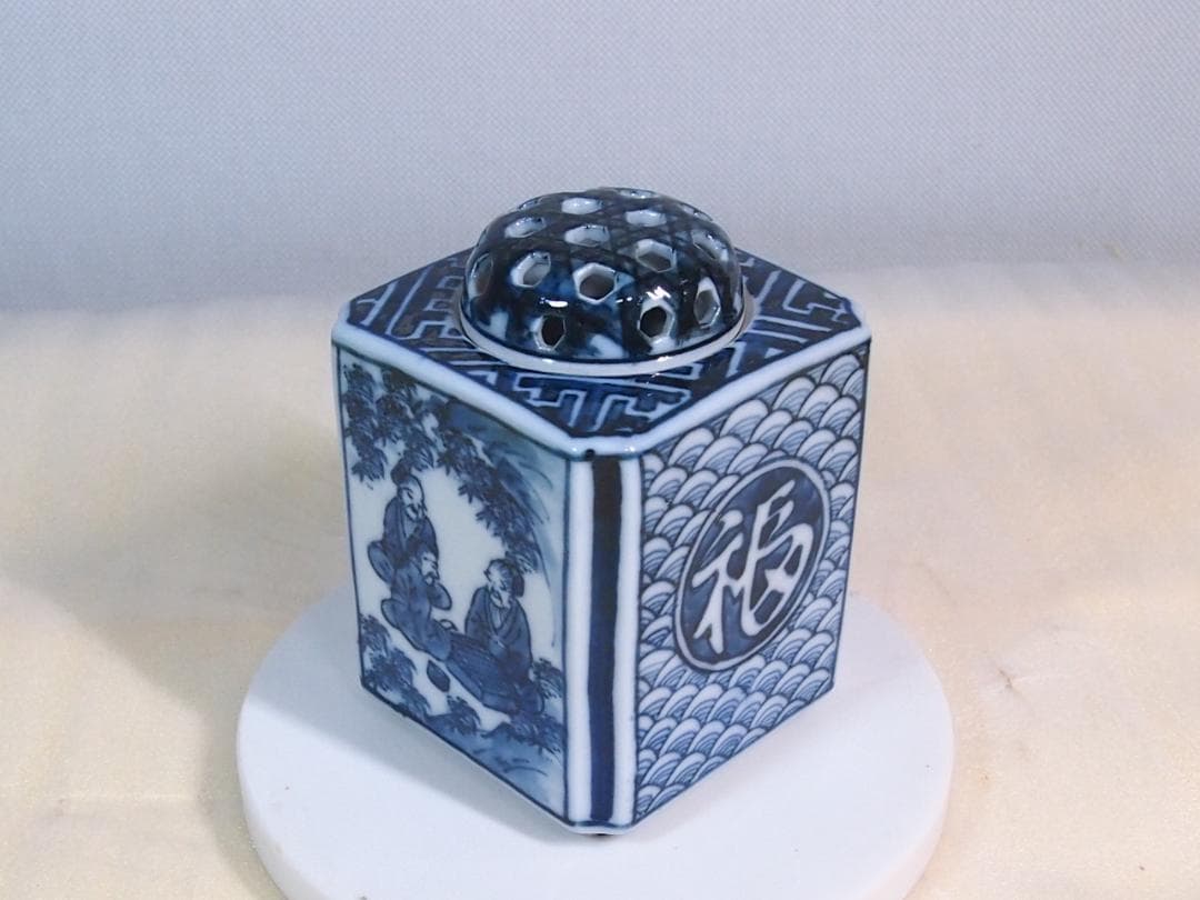 未使用】九谷焼 九谷陶香作 角福 福寿 香炉 染付 人物/小紋 茶道具/香