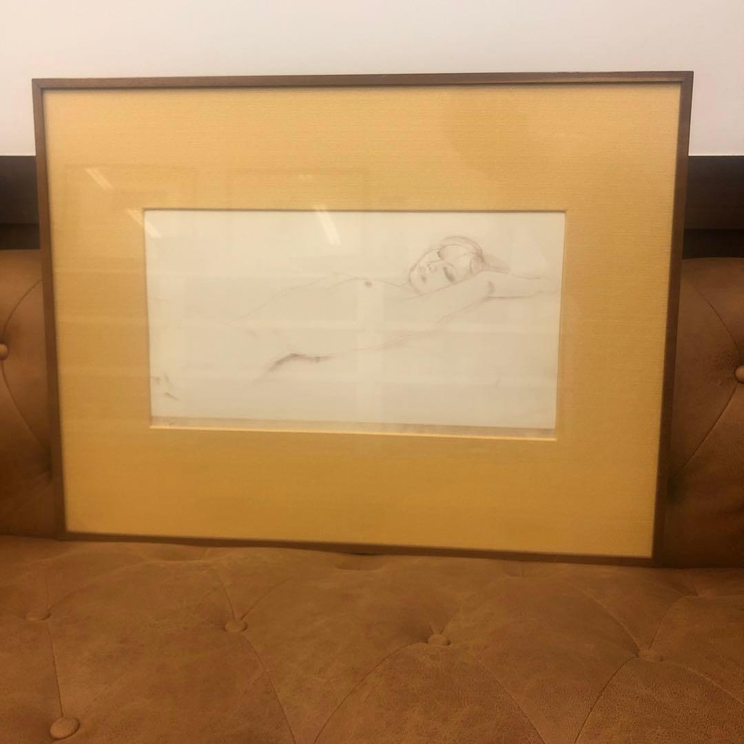 女性ヌード鉛筆画 金色フレーム付き