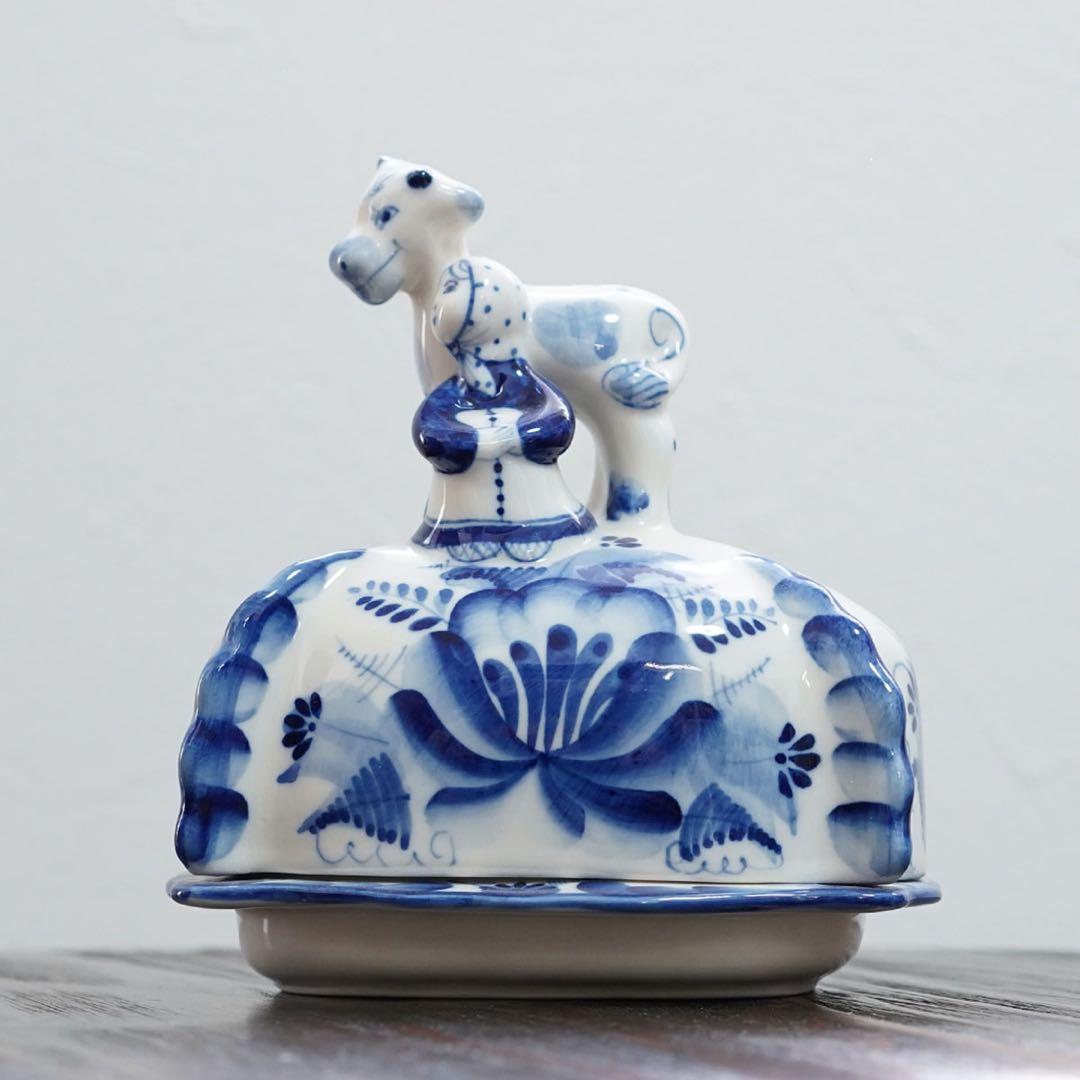 Gzhel バターケース / 80s 民芸品 ヴィンテージ陶器 - メルカリ