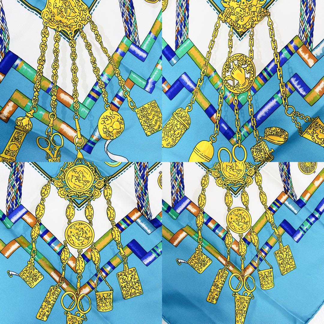 エルメス カレ90 お針子さん シルク100% タグ付き 大判スカーフ 水色系