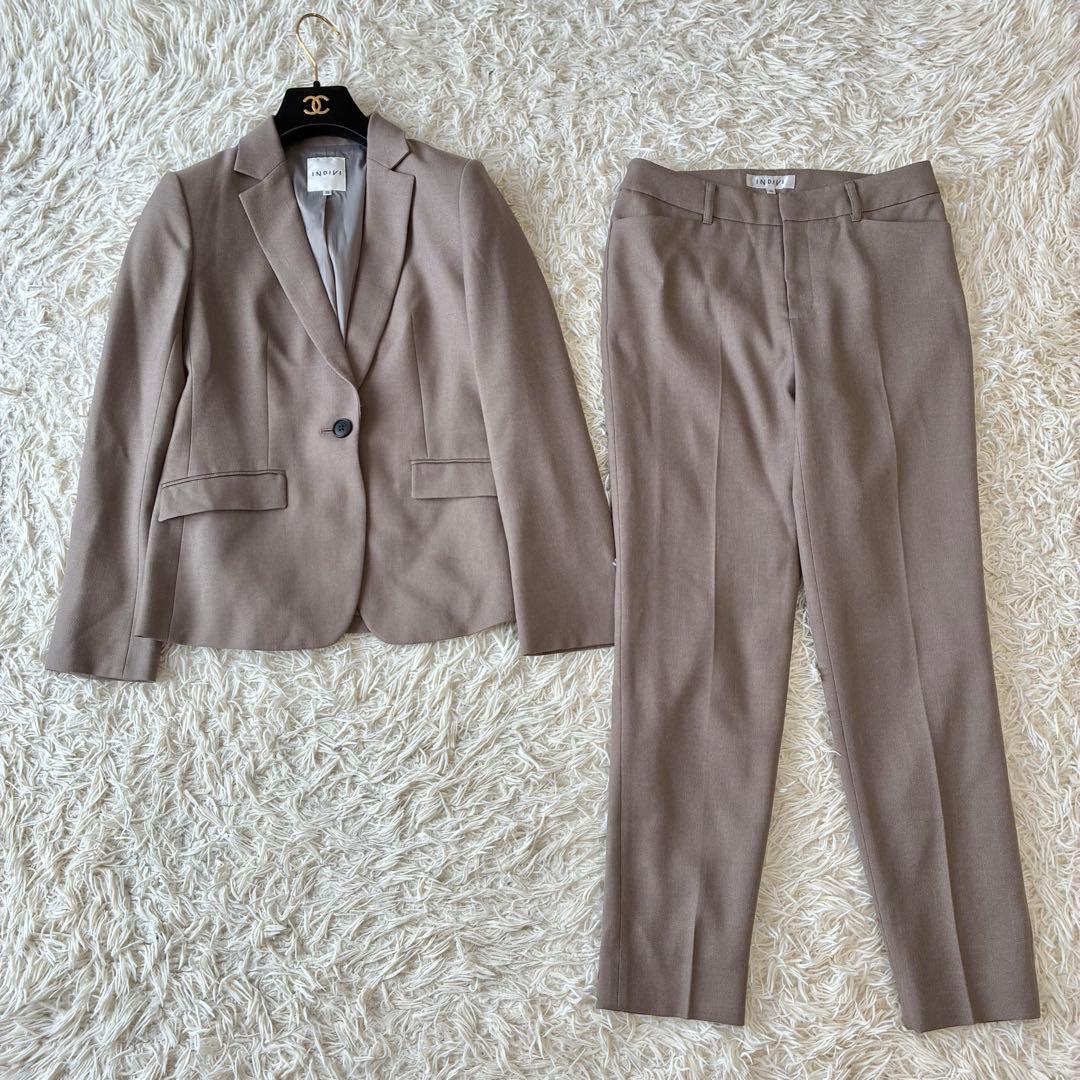 INDIVI 洗える ストレッチ ジャケット テーパードパンツ セット ブラウン INDIVI（インディヴィ） 【通勤スーツ／洗える】ストレッチタック