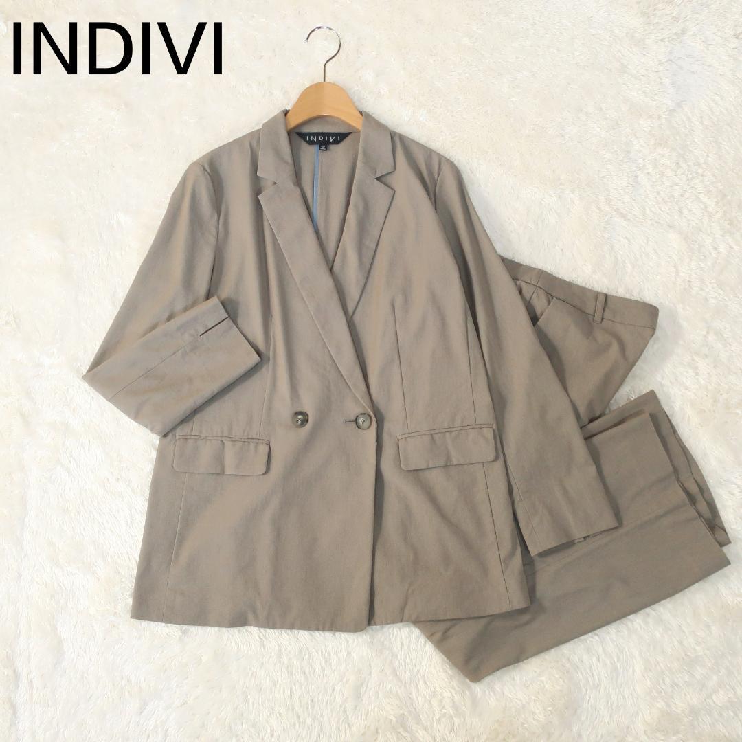 インディヴィ スーツセットアップ 麻混ダブルジャケット ストレート
