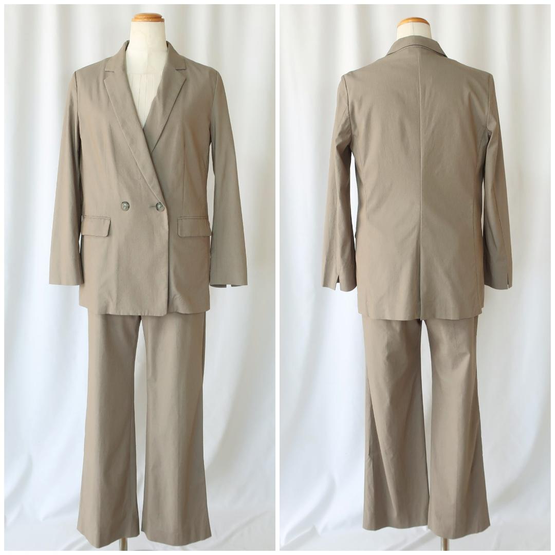 インディヴィ スーツセットアップ 麻混ダブルジャケット ストレート