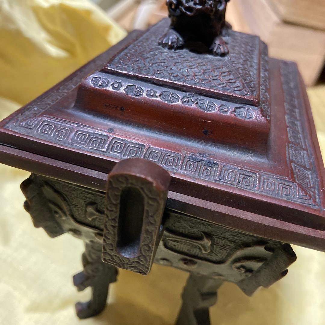 箱付き　高岡銅器　米田陵山作　鋳銅　獅子摘　四方香炉