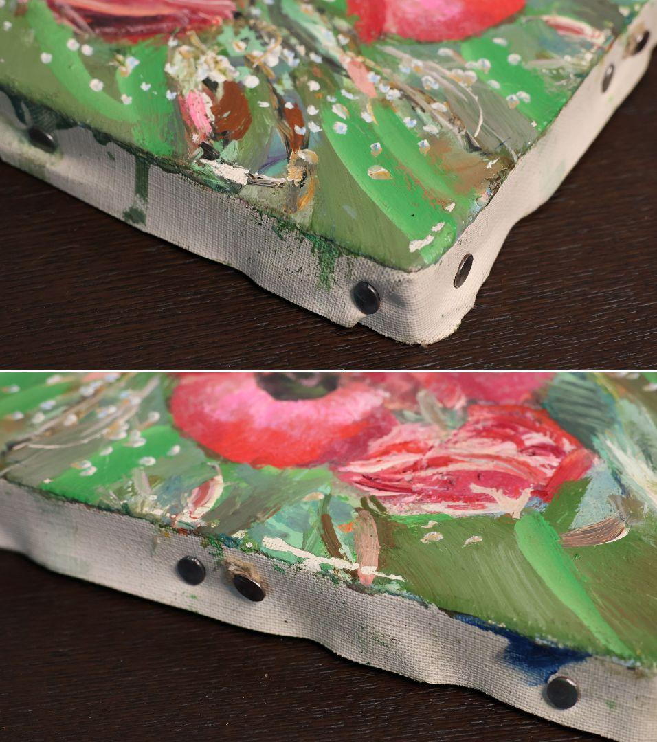 真作】中島裕子 油彩 SM号「ファンタジーの花々」額装 ポピー 薔薇