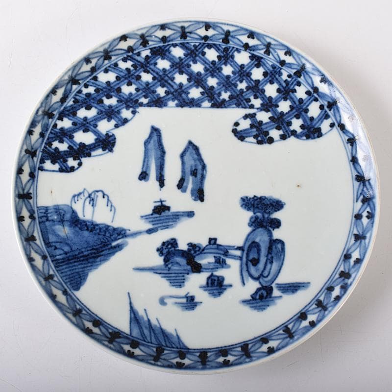 古伊万里 初期伊万里 大明成化年製款 染付 山水文 飾皿 時代箱 M R7968