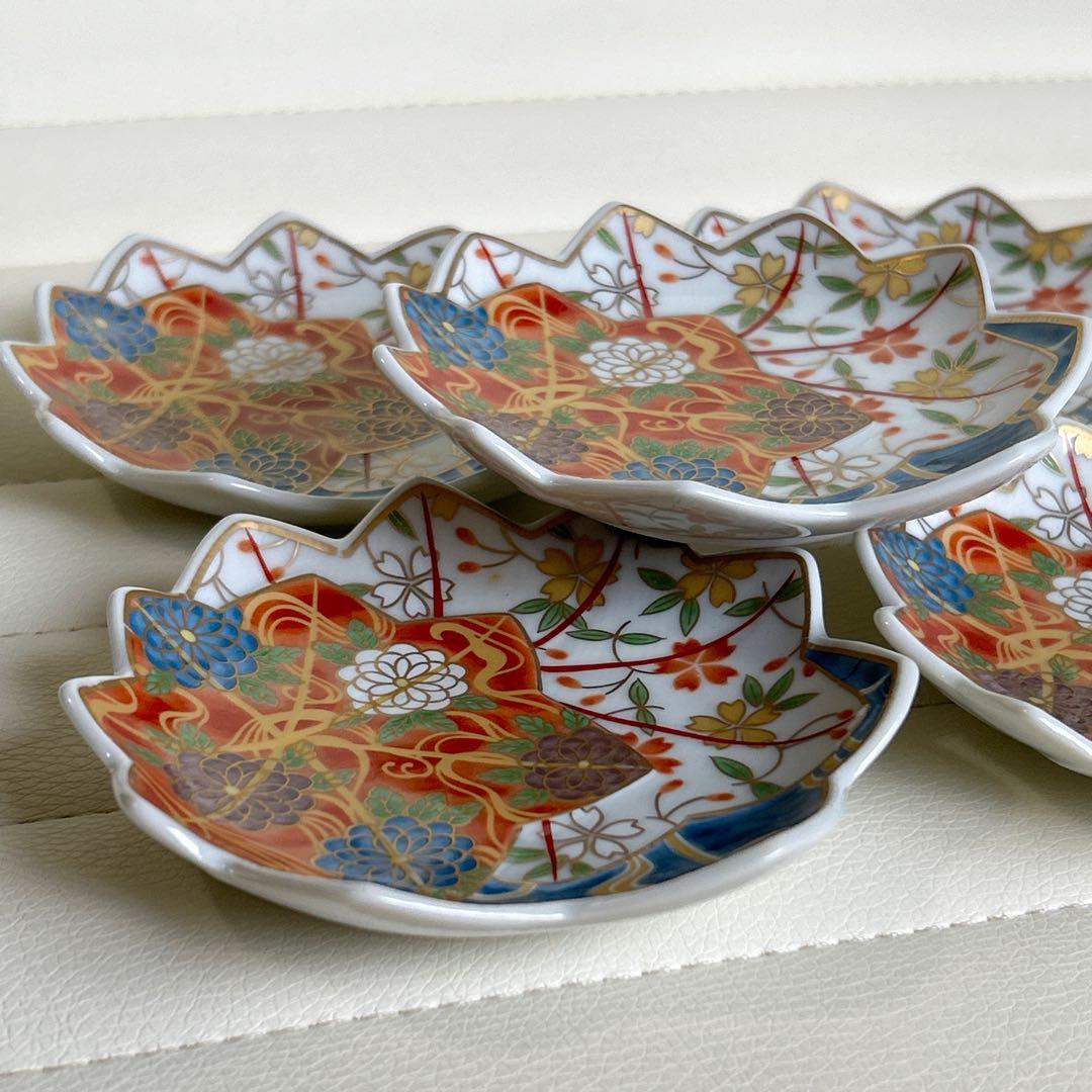 龍峰窯 金彩 色絵 赤絵 楓型花文様 小皿揃 5枚 銘々皿 手塩皿 古伊万里