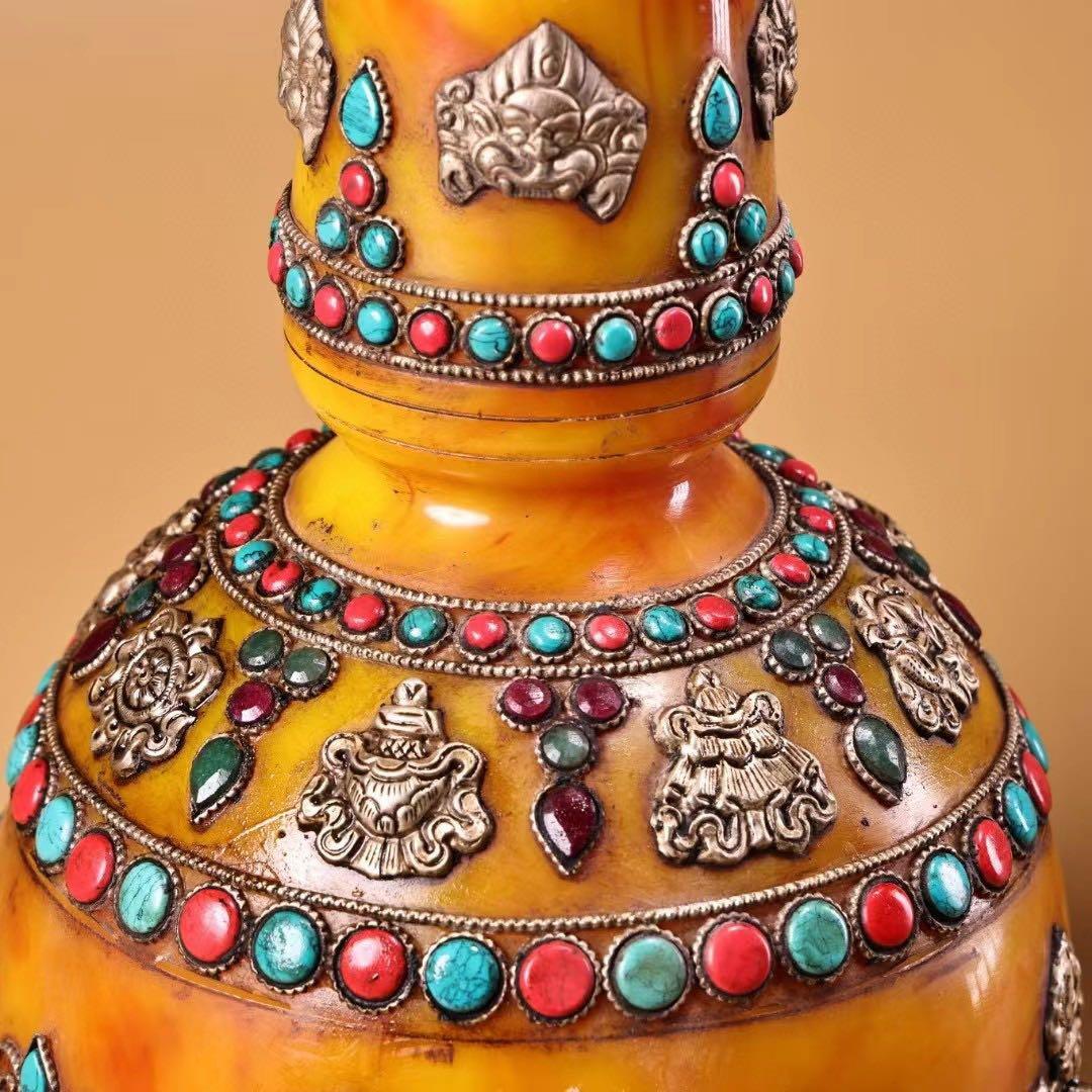 中国古美術・チベット収· 老蜜蝋純手作り・宝石掐糸多宝花瓶一対・蔵伝