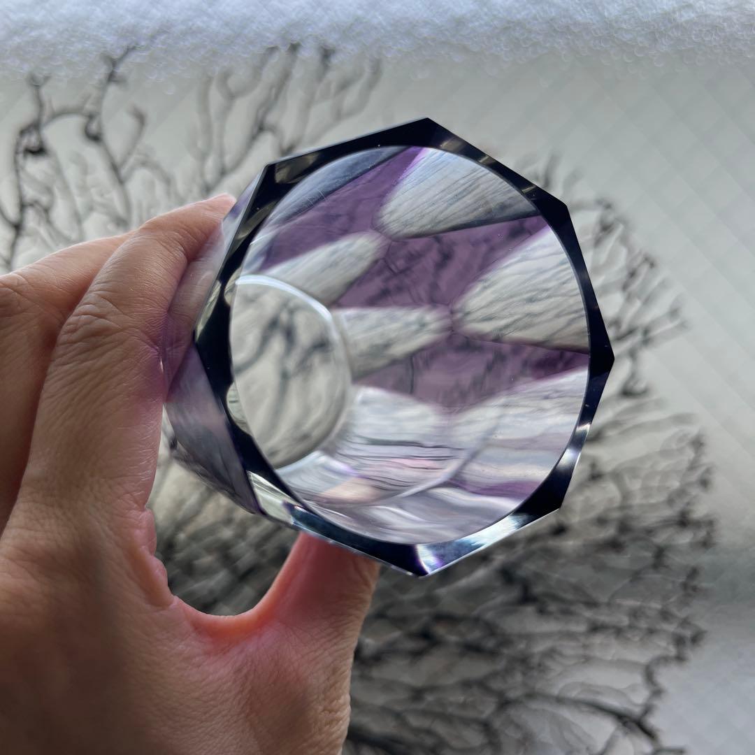 骨董 時代ガラス 紫色被せダイヤ綴り 大正浪漫 モダン切子 コップ