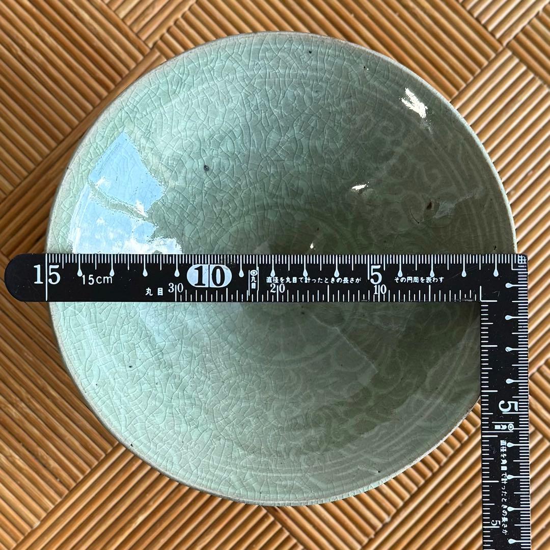 SNT1388 韓国 高麗青磁 象嵌彫文 茶碗 茶道具 朝鮮 美術 骨董 朝鮮