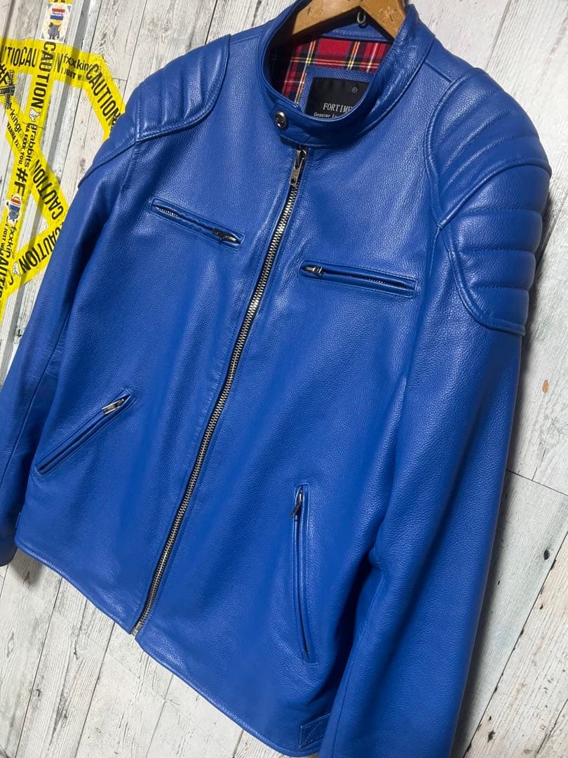 極限定 FORTIME ライダース レザージャケット シングル 青 2XLサイズ 極限定 FORTIME ライダース レザージャケット シングル 青 2XLサイズ