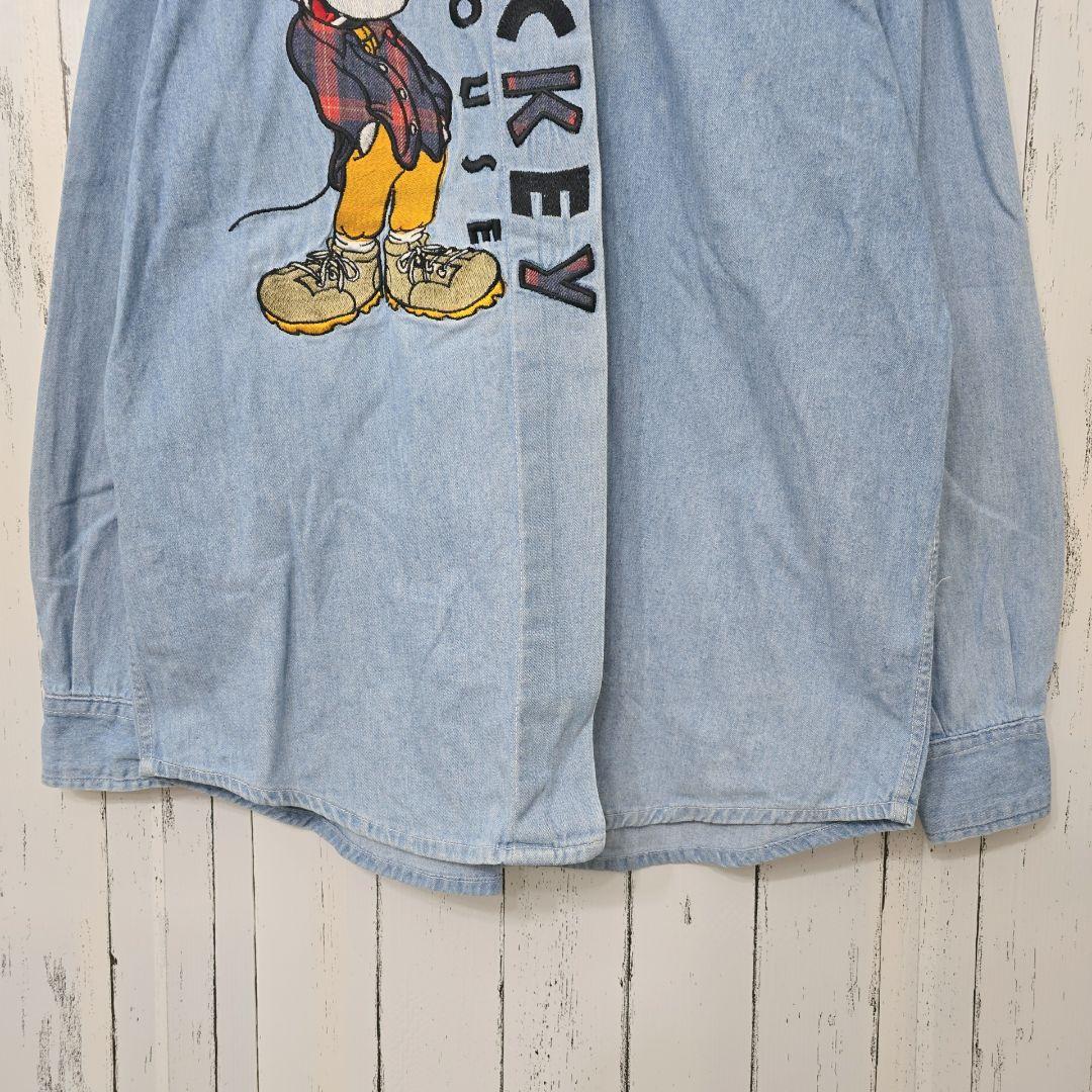 ミッキー☆ヴィンテージ90s デニムシャツ ビッグロゴ 刺繍 ディズニー
