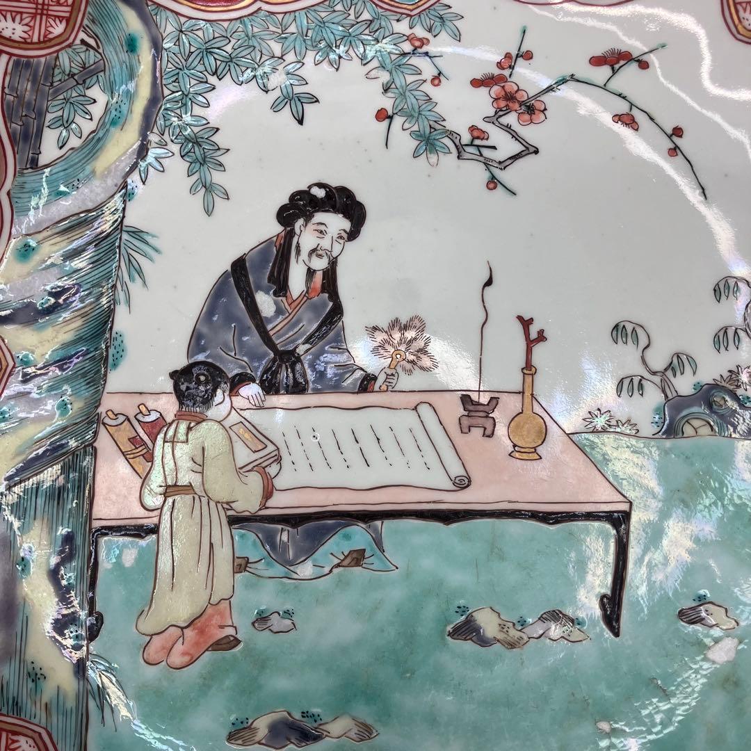 希少】江戸後期？ 古伊万里 色絵 唐人図 大皿 径約32cm 輪花皿 骨董品