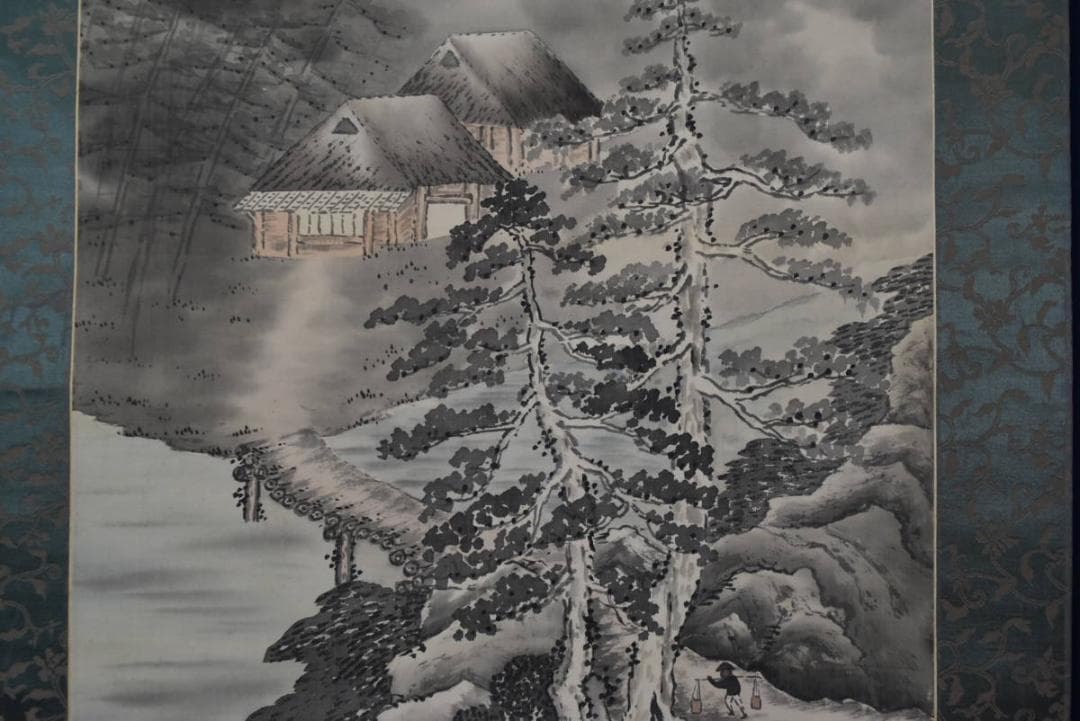 【真作】南洋/山水人物図/晩秋の月/掛軸☆宝船☆AB-397