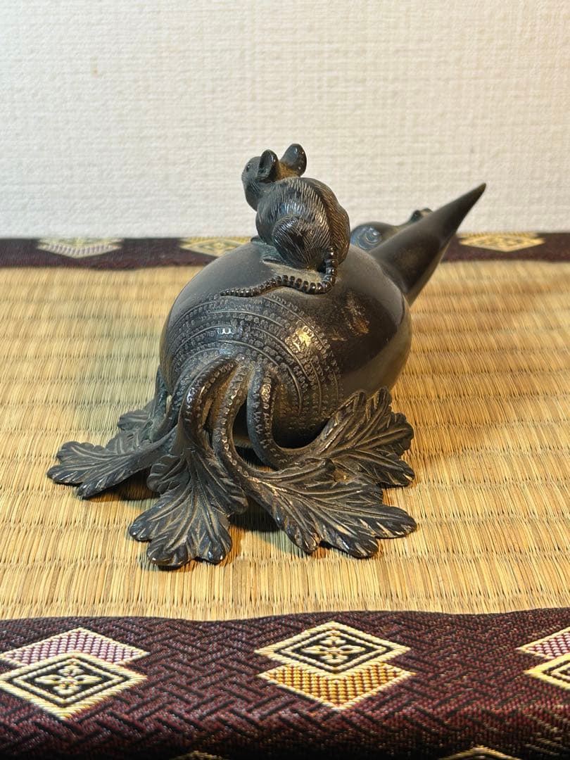 銅製置物　 鼠　大根　小槌 《鼠大根食う→恵比寿・大黒》