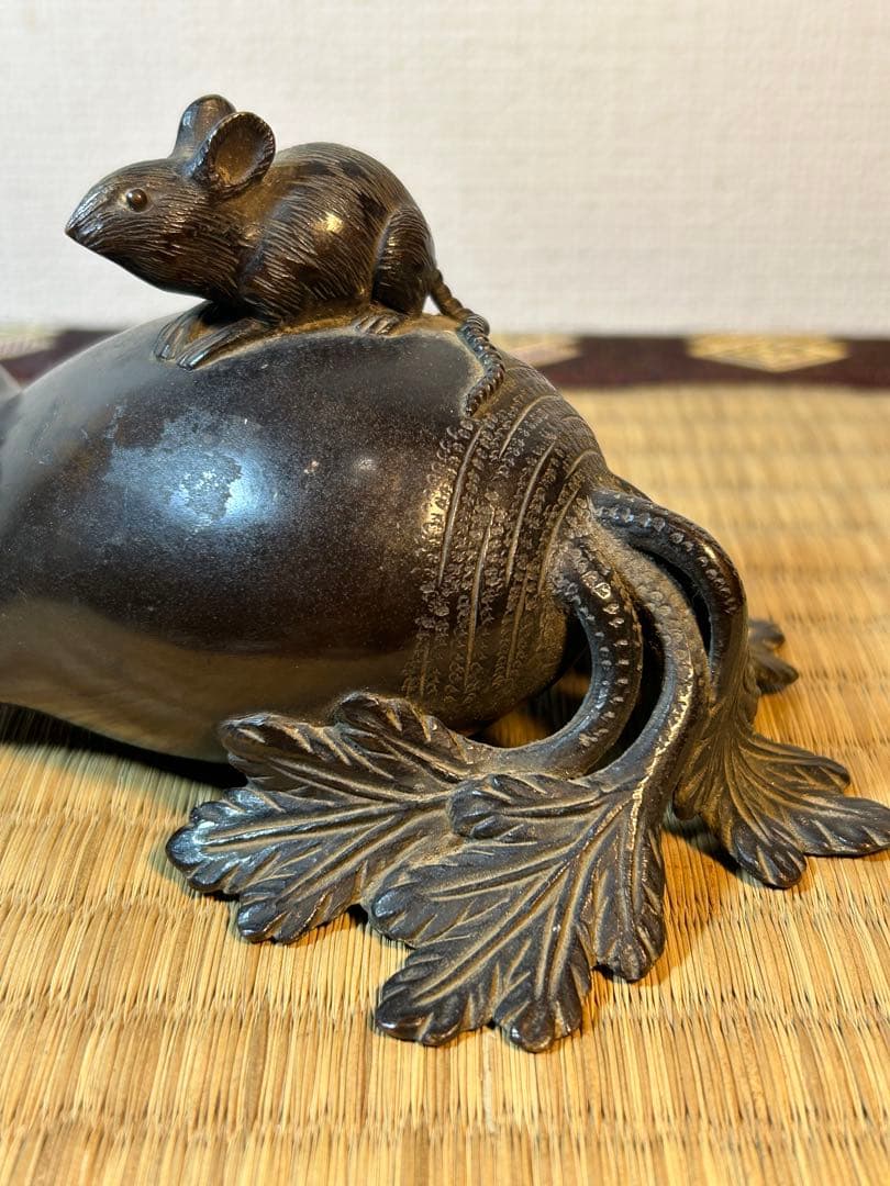 銅製置物　 鼠　大根　小槌 《鼠大根食う→恵比寿・大黒》