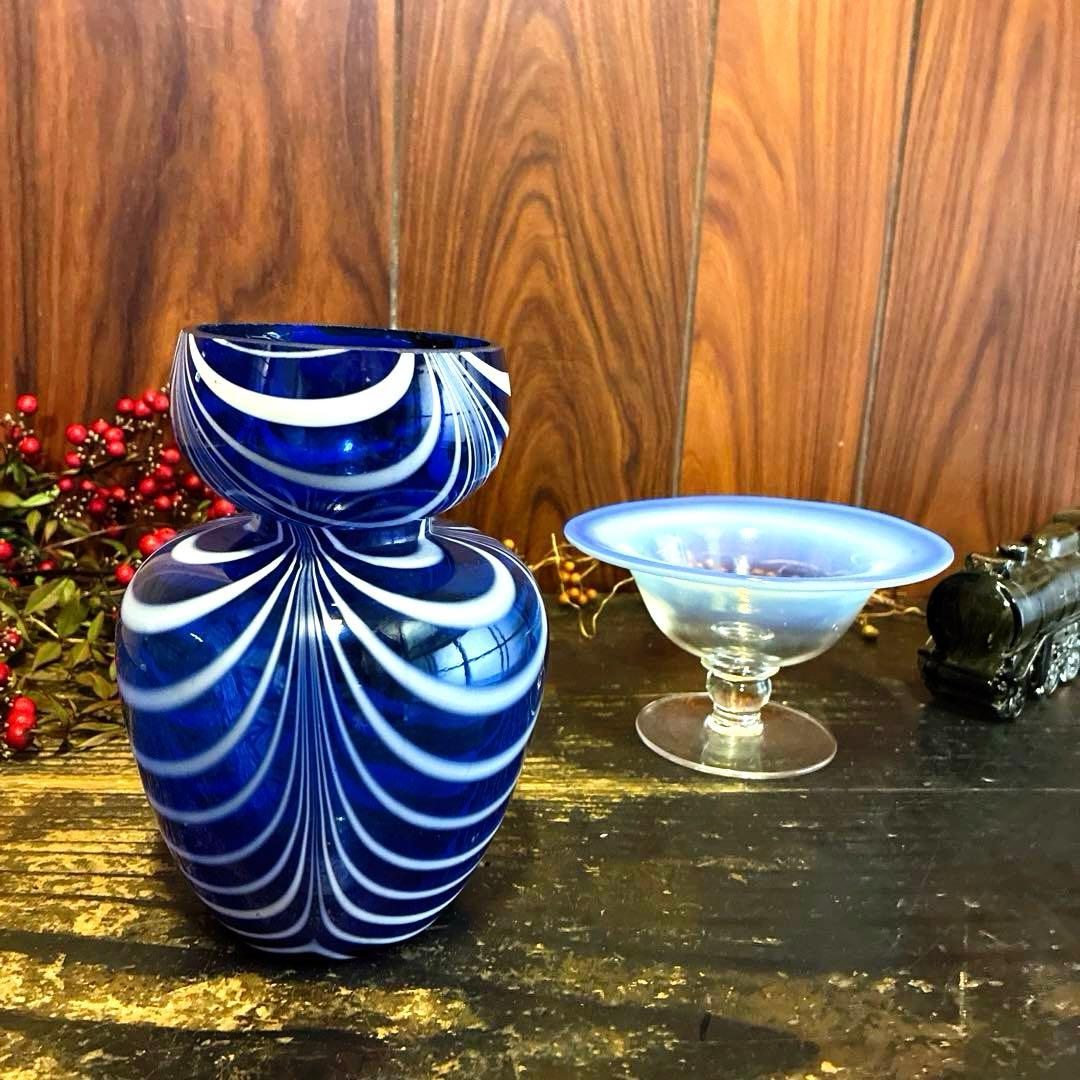 骨董 時代ガラス 超希少 瑠璃色ガラス 掻き揚げ ヒヤシンス瓶 水耕栽培