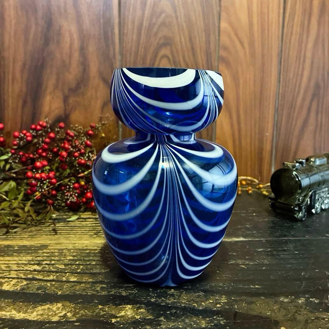 骨董 時代ガラス 超希少 瑠璃色ガラス 掻き揚げ ヒヤシンス瓶 水耕栽培