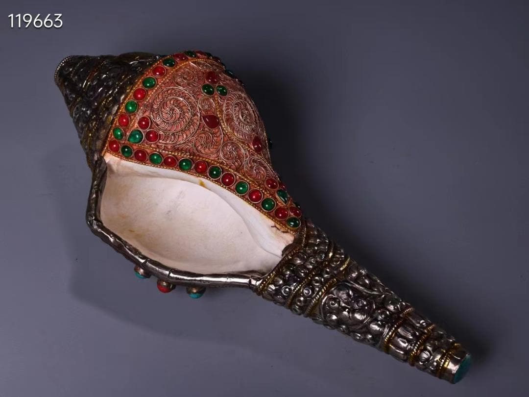 中国古美術・蔵伝工芸・花糸モザイク宝石・天然サザエ包銀 法螺法器