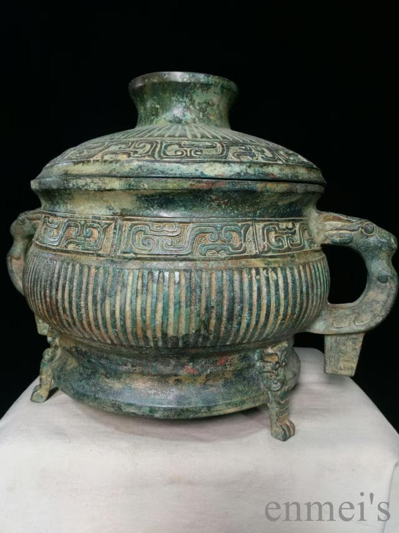 中国古美術 旧蔵 西周款 青銅器皿《銘文簋》純銅製 青銅製 蓋付き器 獣脚付き