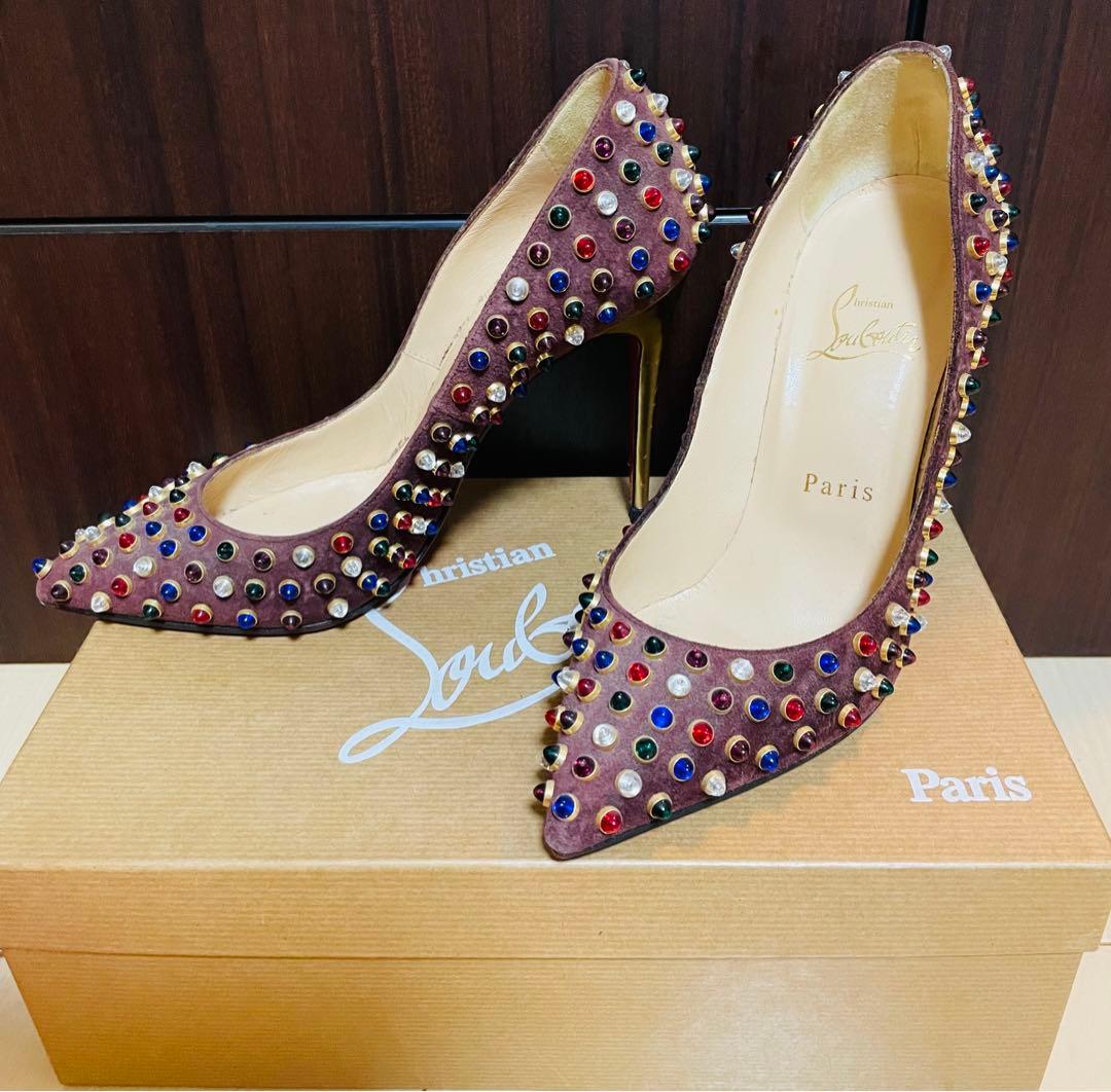 クリスチャンルブタン カラフルマルチスパイク スエードレザーパンプス