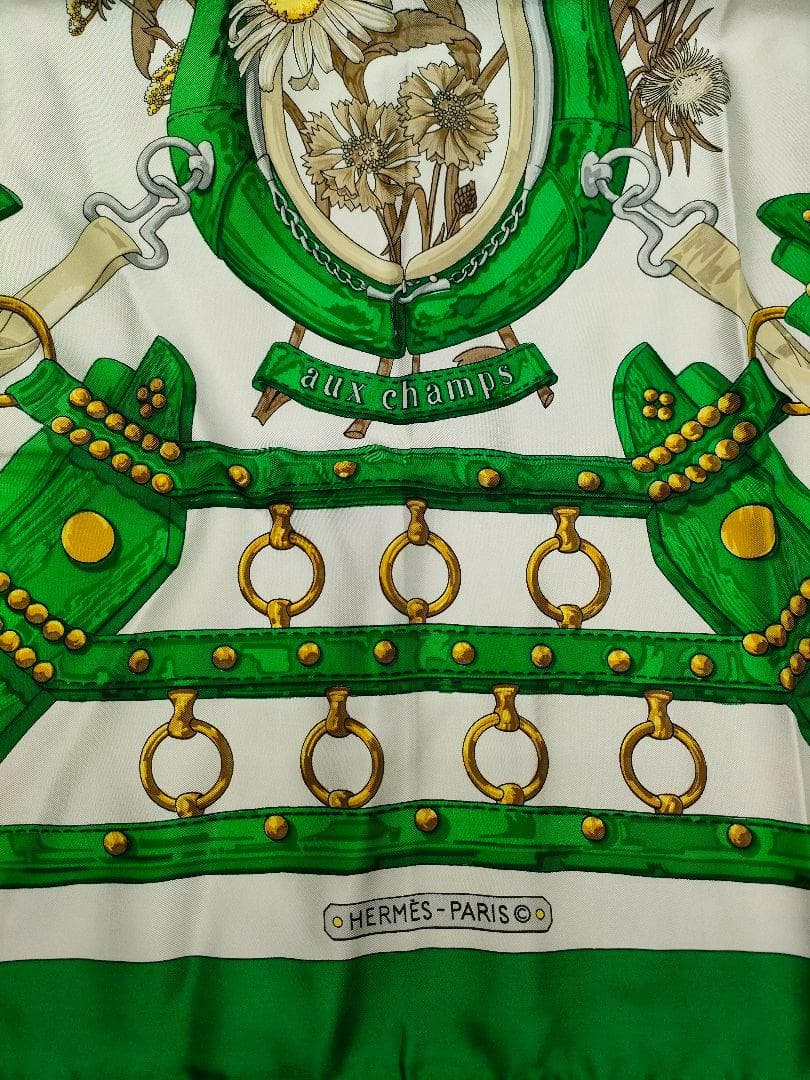 Aux Champs カレ90 HERMES グリーン HERMES エルメス スカーフ