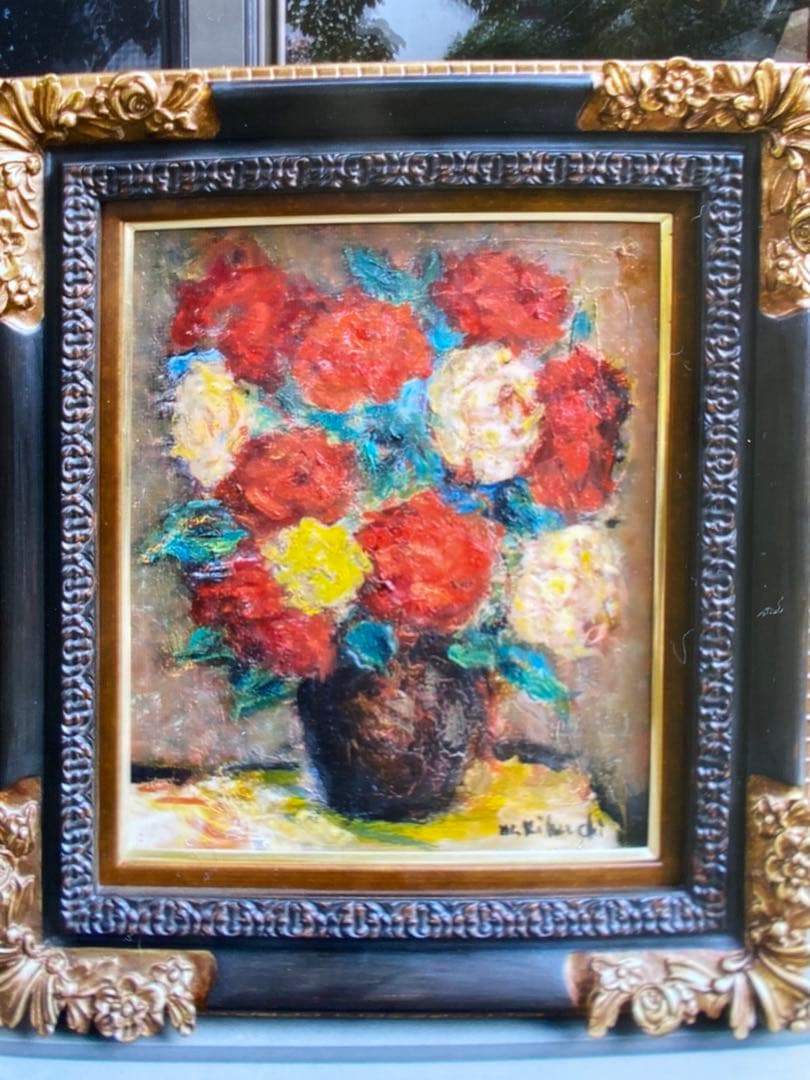 絵画 油彩画 油絵 F8 「2色のバラ」パリ 菊地正則 豪華 美品 額付き