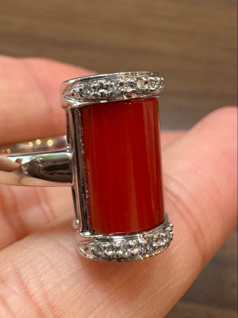 pt900 珊瑚 ダイヤ 0.08ct 15号8.2g リング