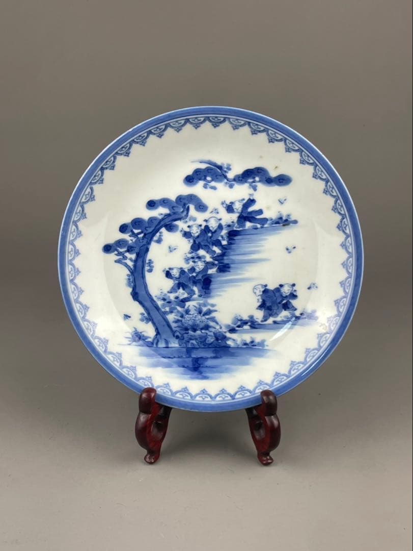 平戸藩 三川内焼 親光作 唐子図 染付 中皿 時代物 飾皿 置物 白磁