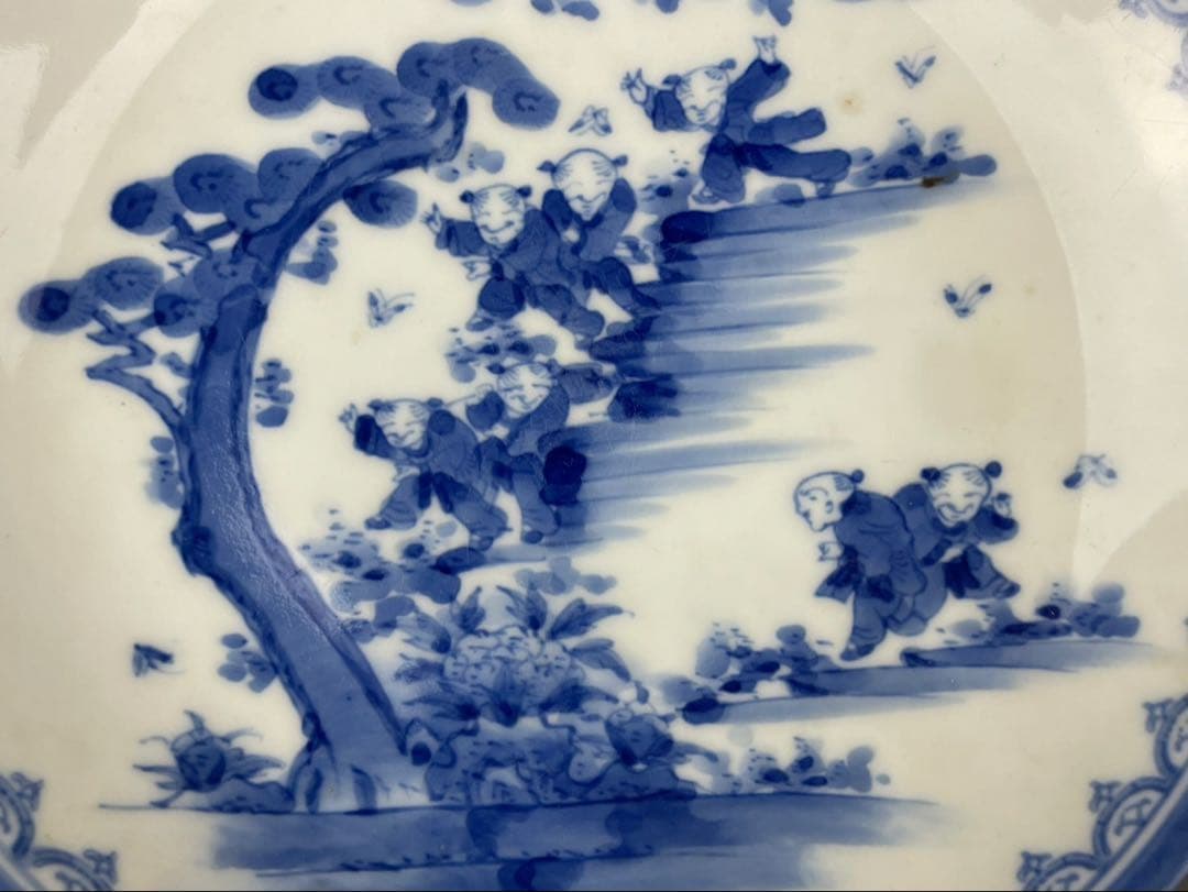 平戸藩 三川内焼 親光作 唐子図 染付 中皿 時代物 飾皿 置物 白磁