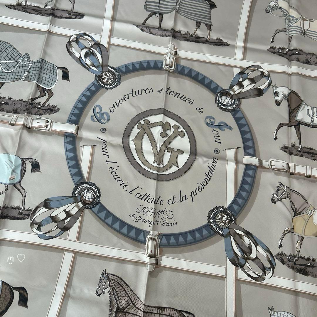 HERMESエルメス カレ90 馬着 シルクスカーフ グレージュ ホースモチーフ