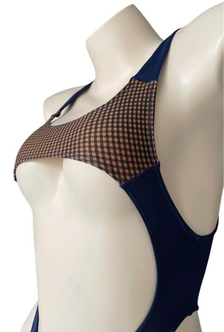 レオタード　ハイレグ　穴あき　くるみ格子×ネイビー