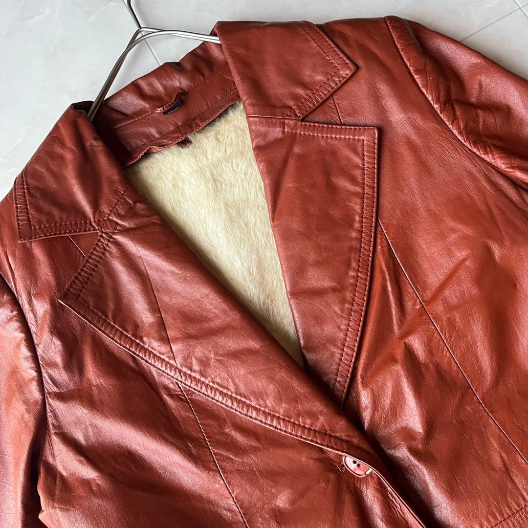 ヴィンテージ リアルレザー ロングコート ブラウン 11 L 裏地牛柄