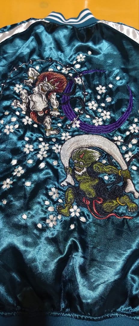 一心如鏡 スカジャン 風神雷神 刺繍 桜 月 和柄 サテン ブルーグリーン