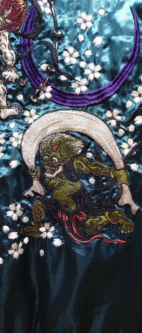 一心如鏡 スカジャン 風神雷神 刺繍 桜 月 和柄 サテン ブルーグリーン